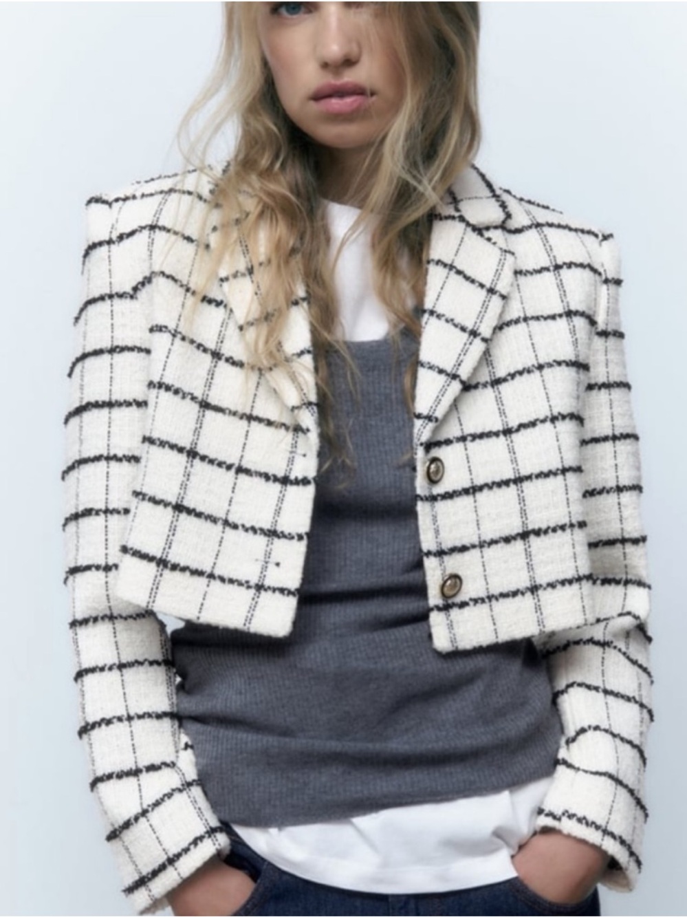 Zara Cropped Blazer with Black Windowpane Check